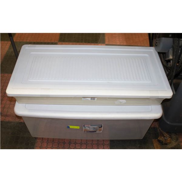 2 LARGE TOTES 3-FEET LONG, 100-L & 40-L, W. LIDS