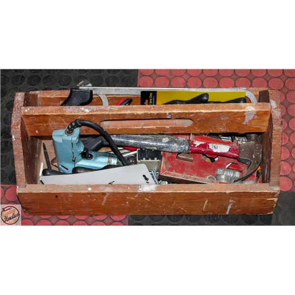 ESTATE WOOD TOOL BOX WITH TOOLS