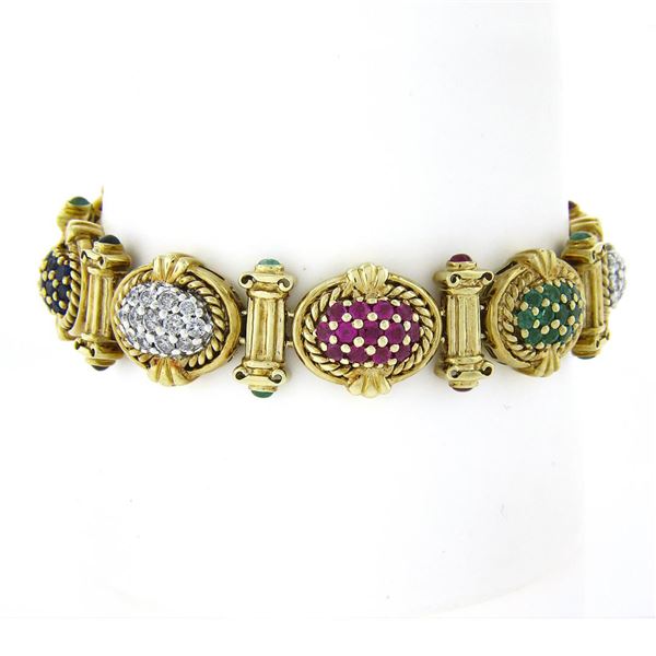 14K Gold Sapphire Ruby Emerald Diamond MultiColor Cluster & Column Link Bracelet