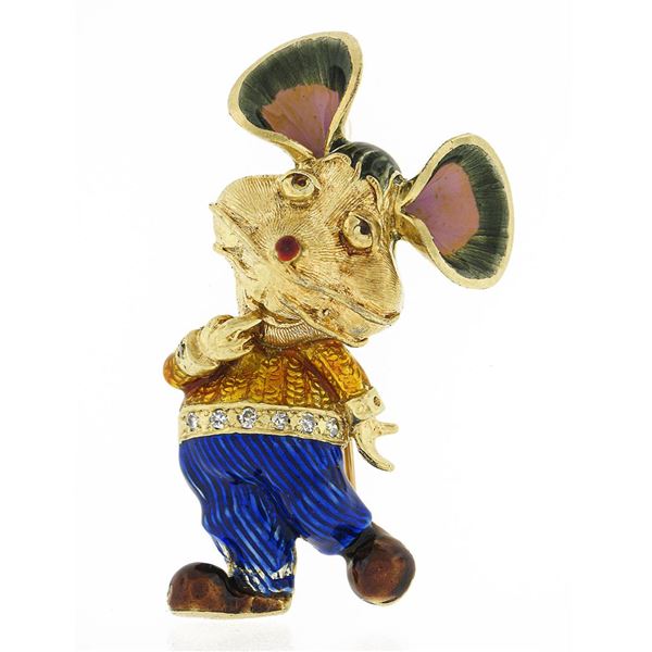 Vintage 14k Gold Diamond Multicolor Enamel Detailed Topo Gigio Mouse Pin Brooch