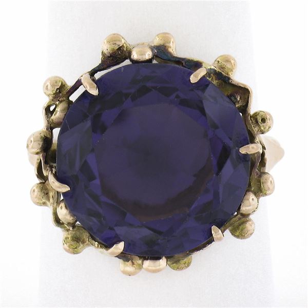 Vintage 12k Gold 15mm Round Synthetic Purple Stone Solitaire Ring w/ Bead Frame
