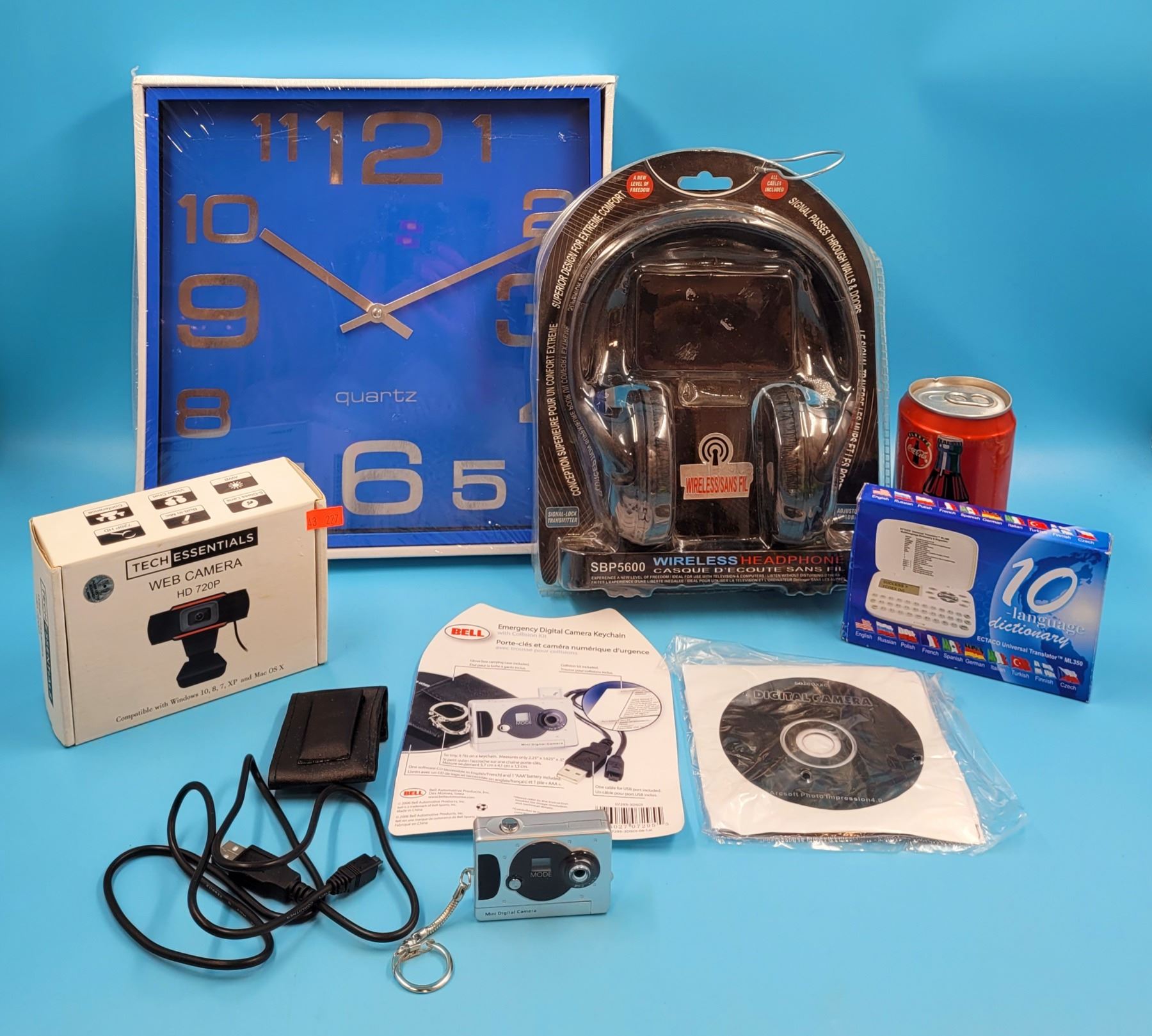 Quartz Clock, HD 720P Web Camera, Headphones & Electronics Lot
