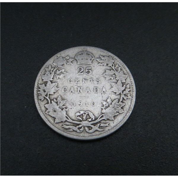 1910 Canadian Silver 25 Cent Coin