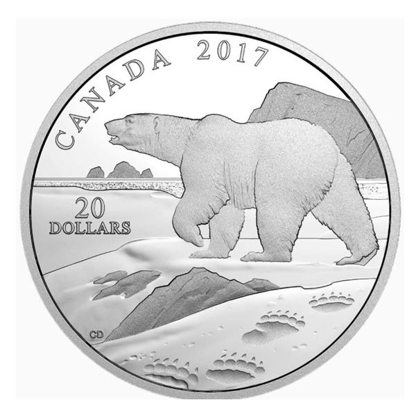 RCM 2017 $20 Nature's Impressions Polar Bear 9999 Pure Silver Coin