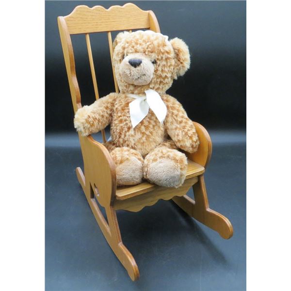 Wooden Rocking Chair With Plush Teddy Bear Chair is 12" Tall
