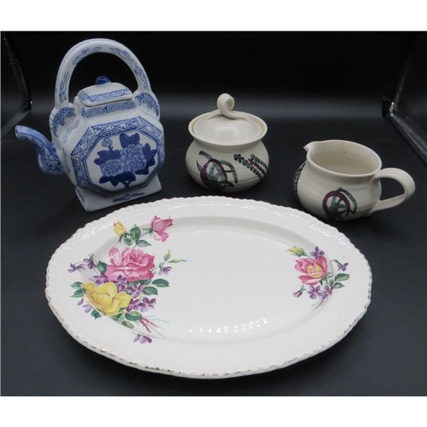 England Rose Treats Small Platter, Pottery Cream & Sugar Set & Chinese Decorative Teapot