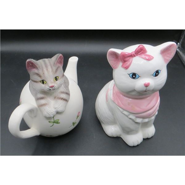 Hand Painted Kitty Teapot & Kitty Trinket Holder Both 7" Tall