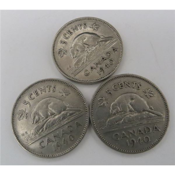 3x Canadian Nickels 1940