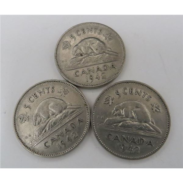 3x Canadian Nickels 1942