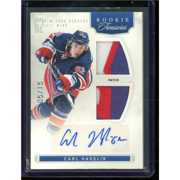 2011-12 Panini Rookie Anthology Rookie Treasures Patches #108 Carl Hagelin 5/15 BV $70
