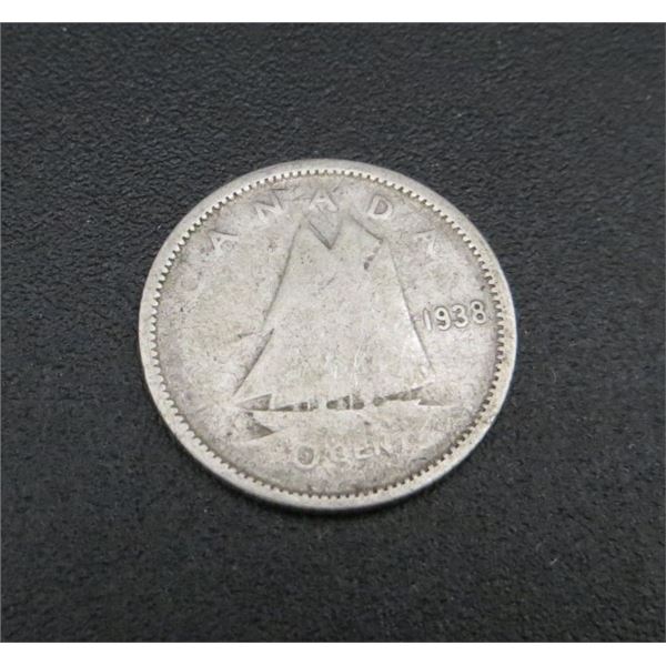 1938 Canadian Silver 10 Cent Coin