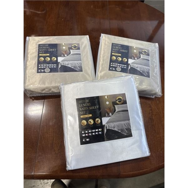 3 NEW FULL SIZE LUXURY SATIN 4PC SHEET SETS, 2  TAUPE  AND ONE WHITE