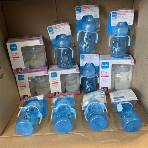 LOT OF NEW MAM BABY BOTTLES AND SIPPY CUPS (3) SETS OF 5 OZ BOTTLES, (1) SET OF 9OZ BOTTLES  AND (8)