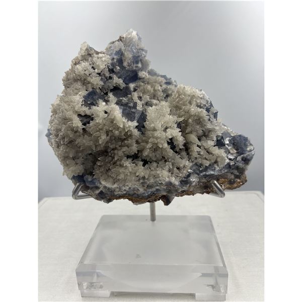 9 X 11 INCH FLUORITE WITH FLOWER CALCITE QUARTZ ON STAND