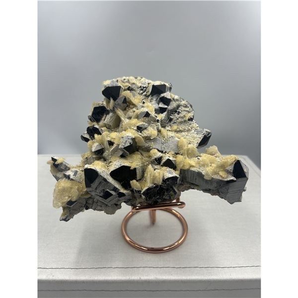 8 X 8 INCH BLACK CRYSTAL WITH YELLOW CALCITE QUARTZ  SPECIMEN ON  STAND COLLECTOR PIECE