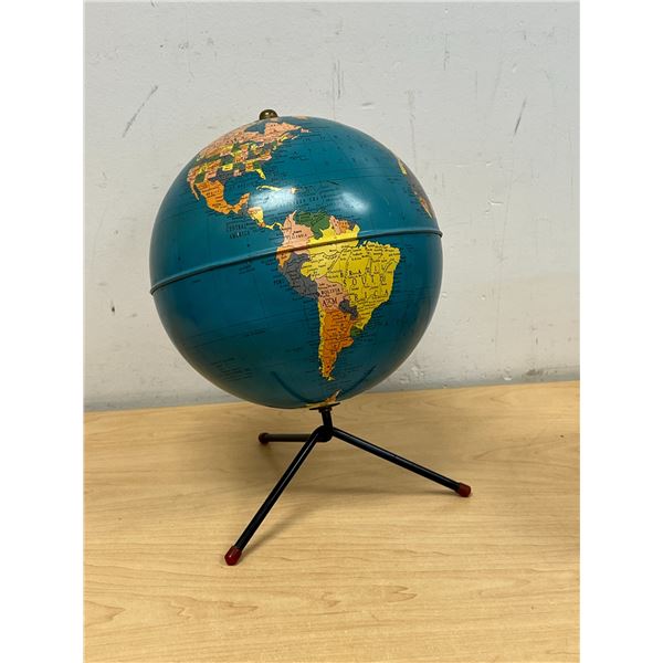 8" Tin Litho Replogle Globe on Tripod Base (about 11" total height)