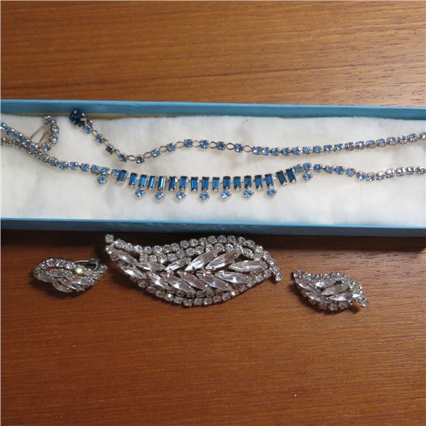 SHERMAN lot - Blue stoned necklace and a very nice clear stoned brooch and clip on earrings