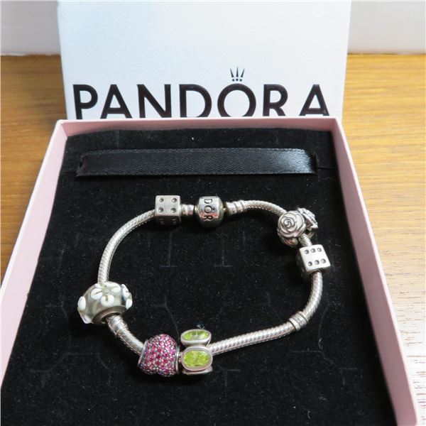 PANDORA bracelet with 6 charms in a PANDORA box