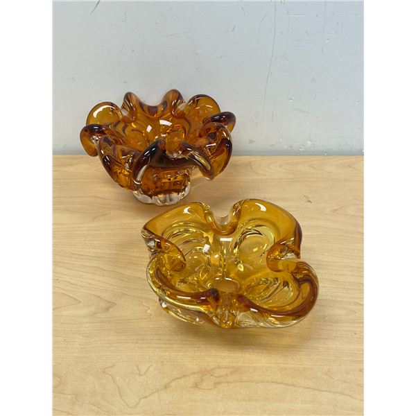 2 Heavy Art Glass Ashtrays - larger approx: 8"W