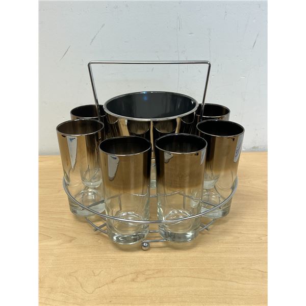 Vintage Silver Fade Barware Caddy Set - 8 glasses 5.5" and ice bucket in Holder