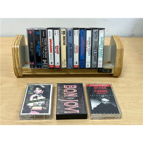 15 Music Cassette Tapes & Holder - good mix - see all photos