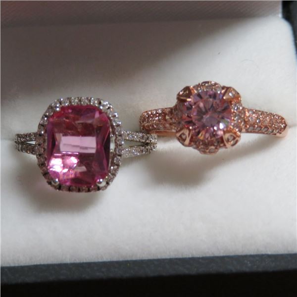925 Silver ring lot. Both stamped 925 & have pink stones. One rose gold colored / one silver colored
