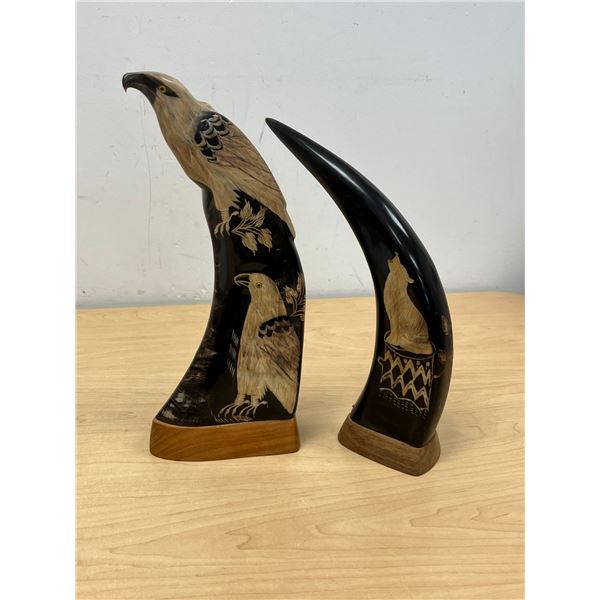 2 Figural Carved Horns - taller approx: 12.5"
