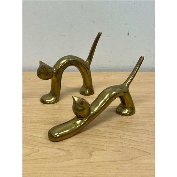 Solid Brass Figural Cat Sculptures - Larger 7"W