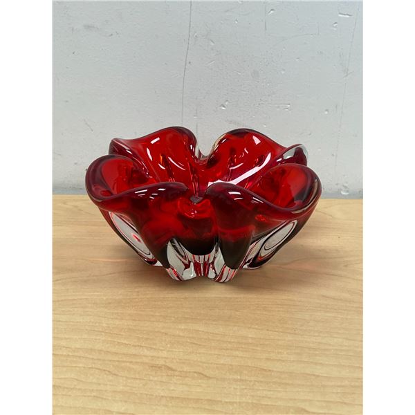 Red / Clear Thick & Heavy Art Glass Ashtray 7.25"