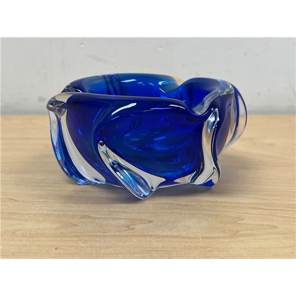 Blue / Clear Thick & Heavy Art Glass Ashtray 5.25"