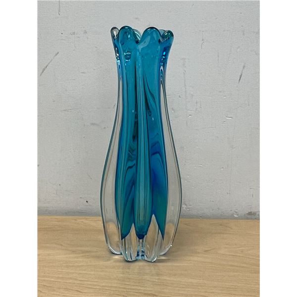 Blue / Clear Thick & Heavy Art Glass Vase 11.5"