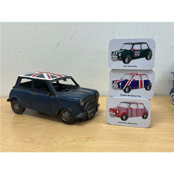Metal Mini Car & 3 Tea Tins - car about 11" long and 5.5"W