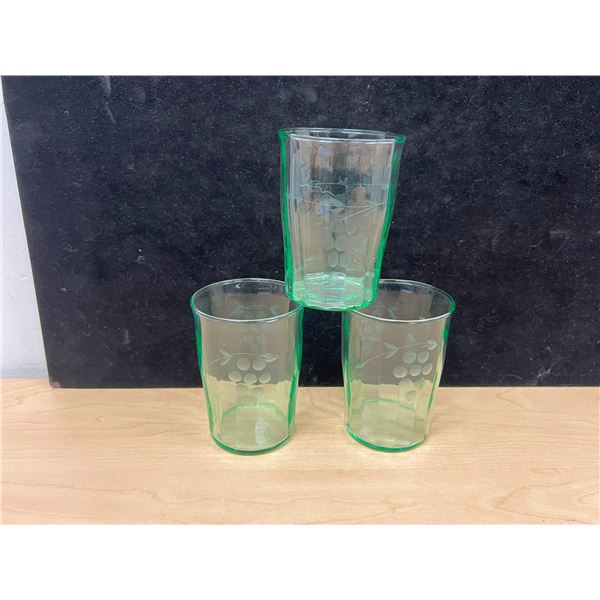 3 Etched Depression Glass Drink Glasses 3.75"