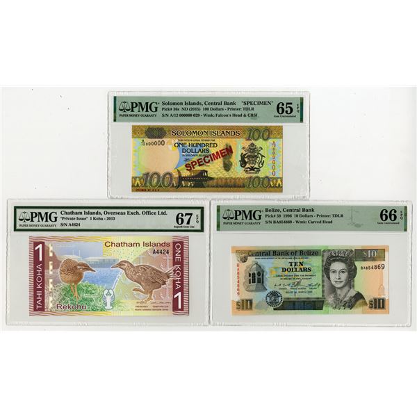 Belize, Chatham Islands, and Solomon Islands, 1996 to ND (2015), Trio of Issued and Specimen Banknot