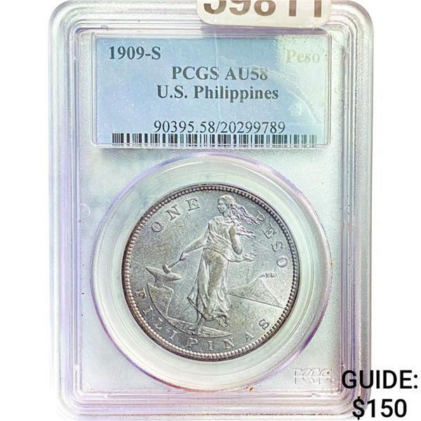 1909-S Philippines Peso PCGS AU58