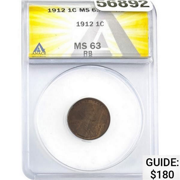 1912 1C Lincoln Wheat ANACS MS63 RB