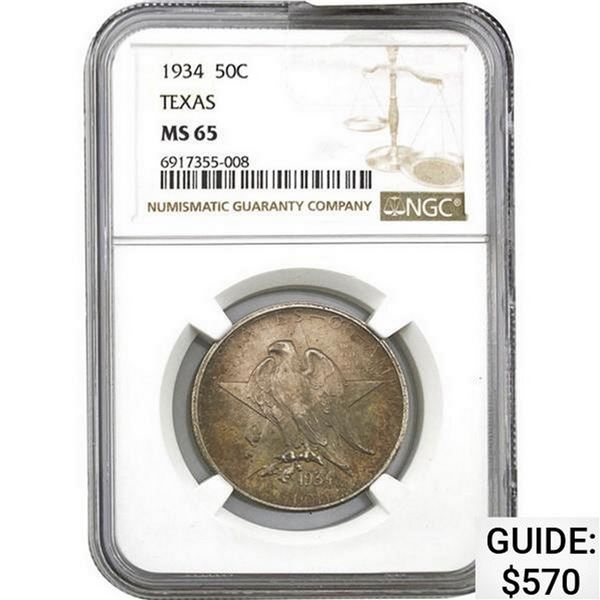 1. 1934 Texas 50C NGC MS65 2. 1783 Washi