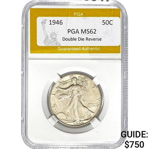 1946 50C Double Die Reverse PGA MS62