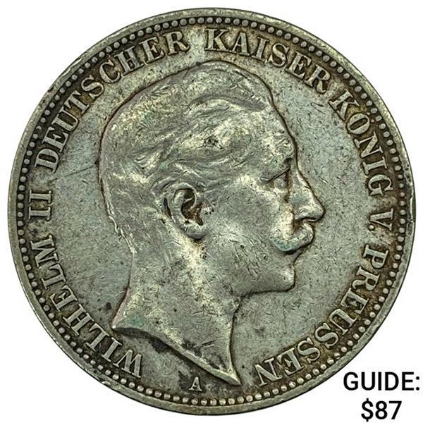 1911-A Prussia Silver 3 Mark NEARLY UNCIRCULATED