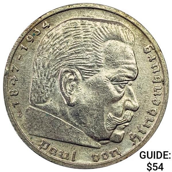 1936-E Germany Silver 5 Reichsmark CLOSELY UNCIRCULATED