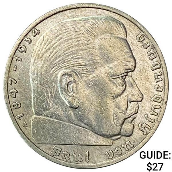 1937-A Germany Silver 2 Reichsmark UNCIRCULATED