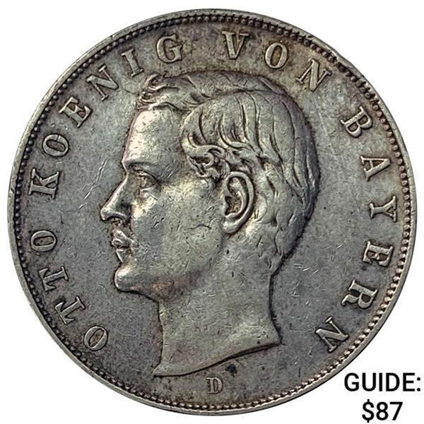 1911-D Bavaria Silver 3 Mark NEARLY UNCIRCULATED