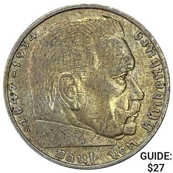 1937-A Germany Silver 2 Reichsmark CLOSELY UNCIRCULATED