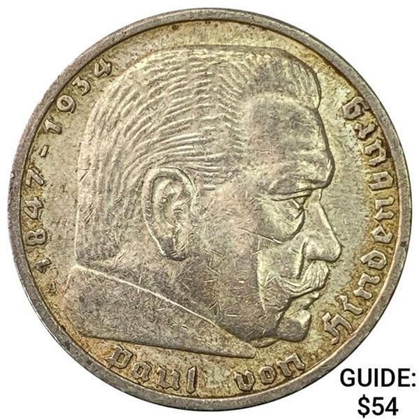 1936-A Germany Silver 5 Reichsmark CHOICE AU