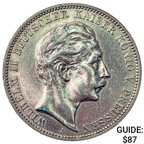 1912-A Prussia Silver 3 Mark NEARLY UNCIRCULATED
