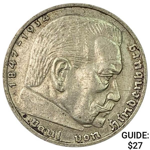 1937-A Germany Silver 2 Reichsmark CLOSELY UNCIRCULATED
