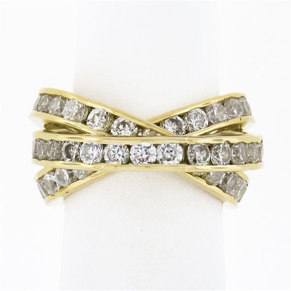 French 18k Gold Cubic Zirconia Channel Rolling Trinity Crossover Three Band Ring