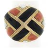 14K Yellow Gold Inlaid Black Onyx, Coral & Mother of Pearl Wide Domed Bombe Ring