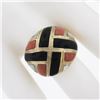 Image 3 : 14K Yellow Gold Inlaid Black Onyx, Coral & Mother of Pearl Wide Domed Bombe Ring