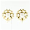 Vintage 14k Yellow Gold 6.8mm Round Pearl Open Flower Frame Screw Back Earrings